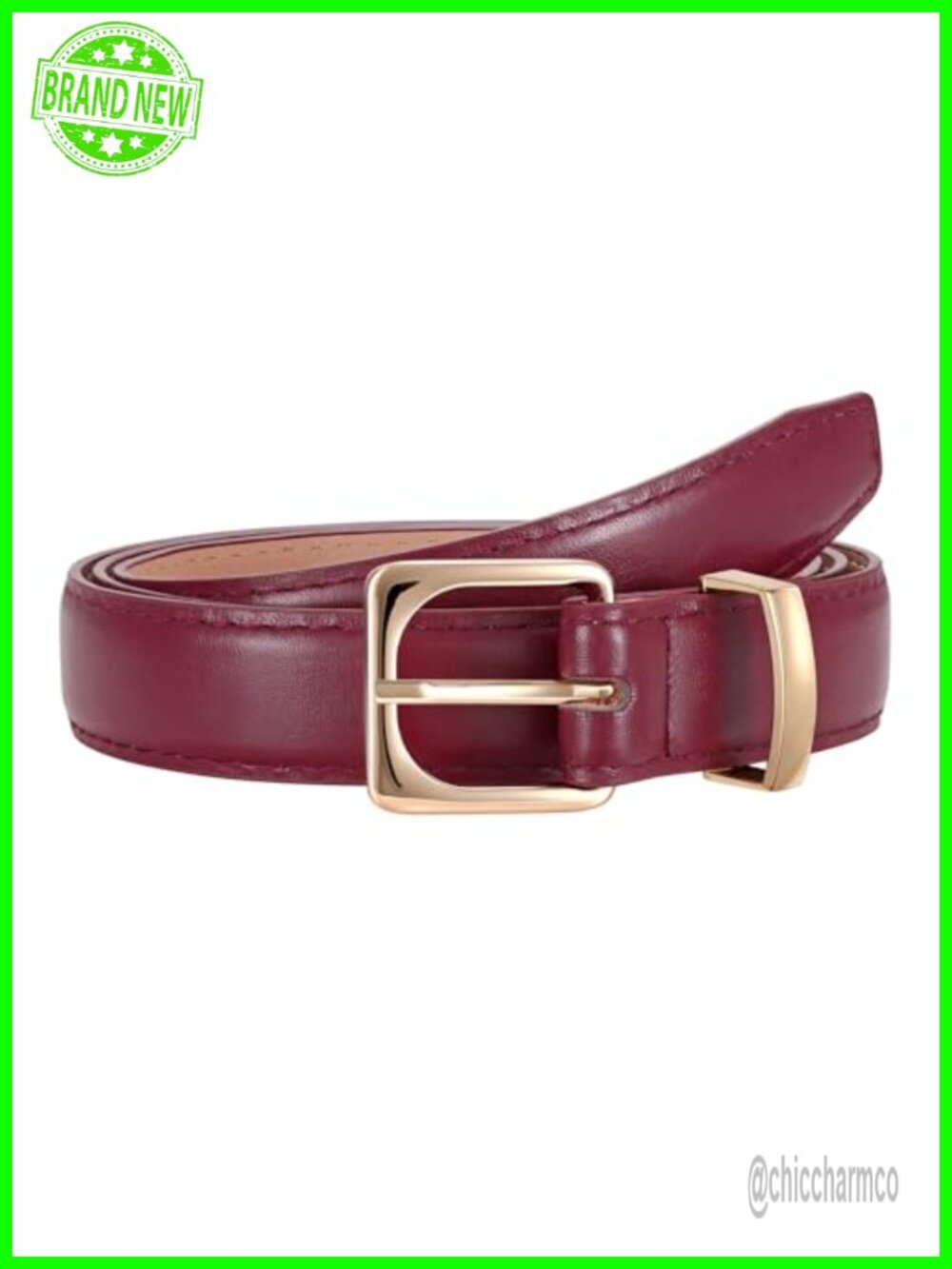 Women Faux Leather Skinny Belt Square Gold Buckle